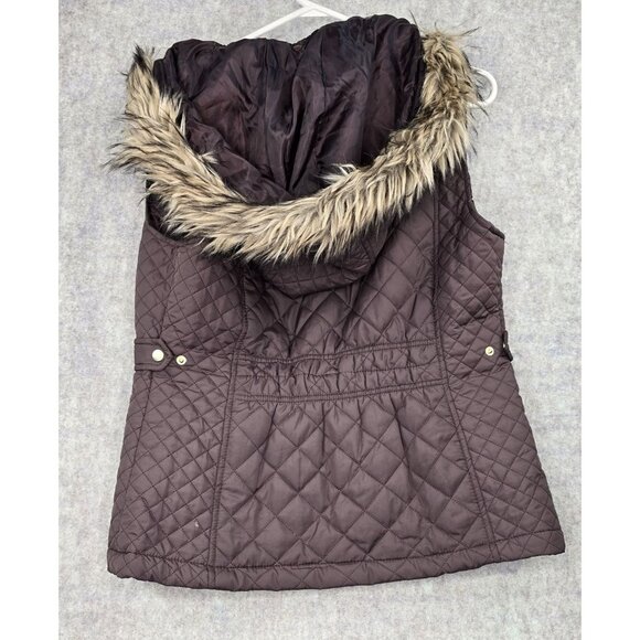 CEsttoi Womens Quilted Zip-Up Brown Vest With Fur Hood And Pockets Polyester - Picture 2 of 8